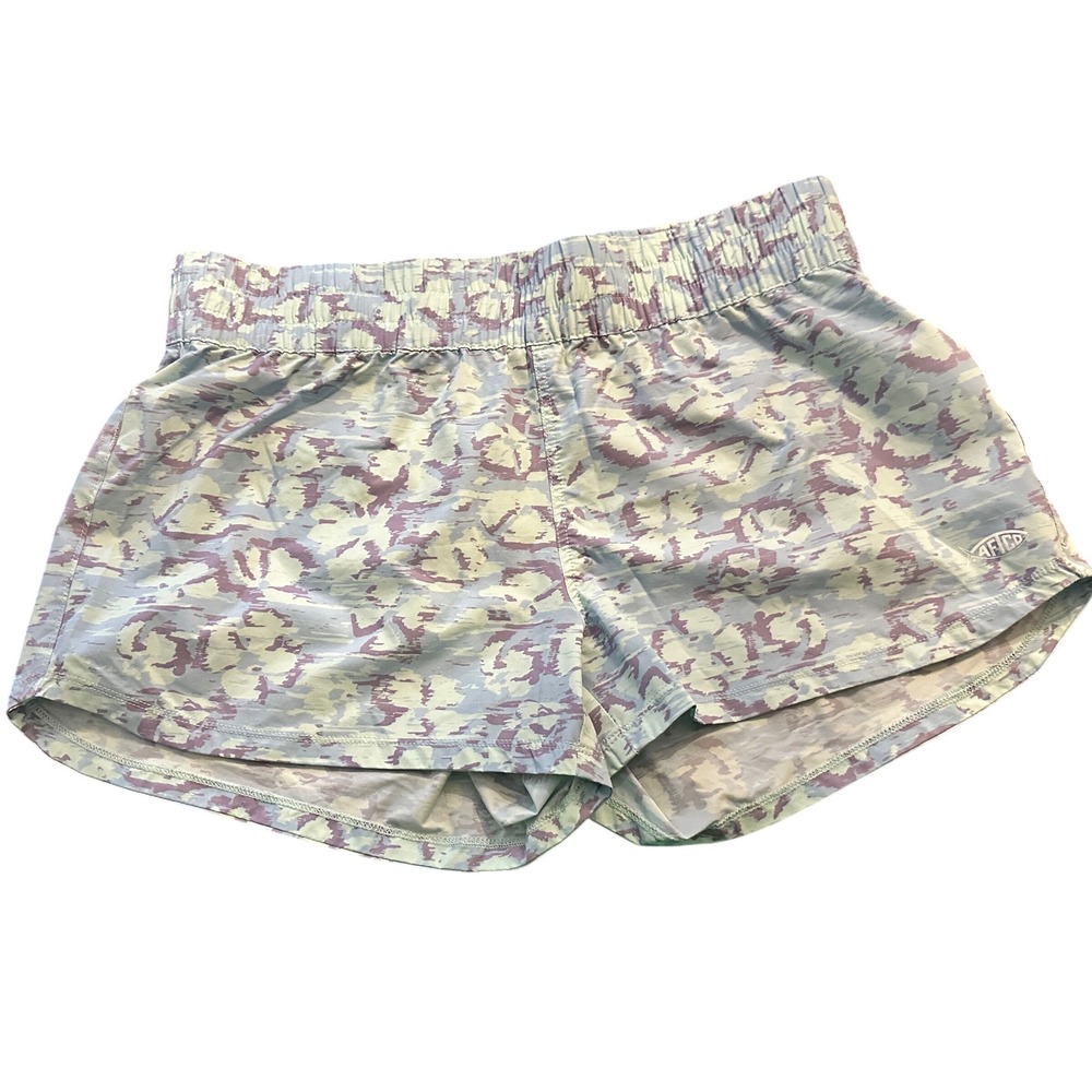 AFTCO Womens Blue Purple Abstract Camo Fishing Shorts Size Large Elastic Waist